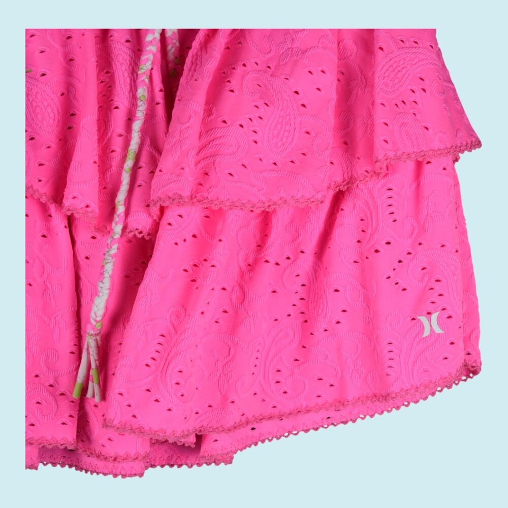 LoveShackFancy x Hurley Skirt Size XS Pink Mini Tiered Ruffle Eyelet Paisley - Picture 5 of 14